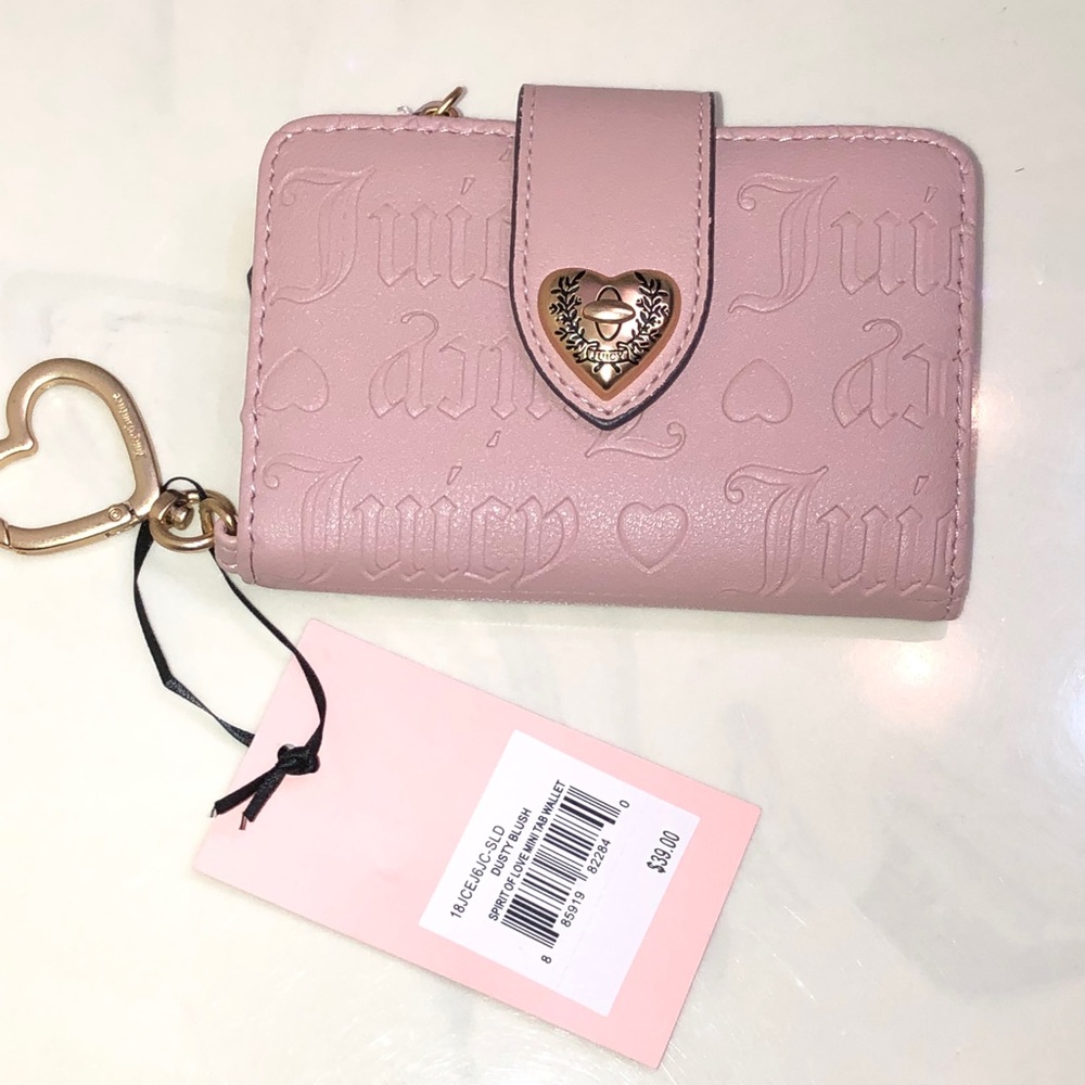 Juicy Couture Dusty Blush Spirit Of Love Faux Leather Mini Tab Card Wallet NWT